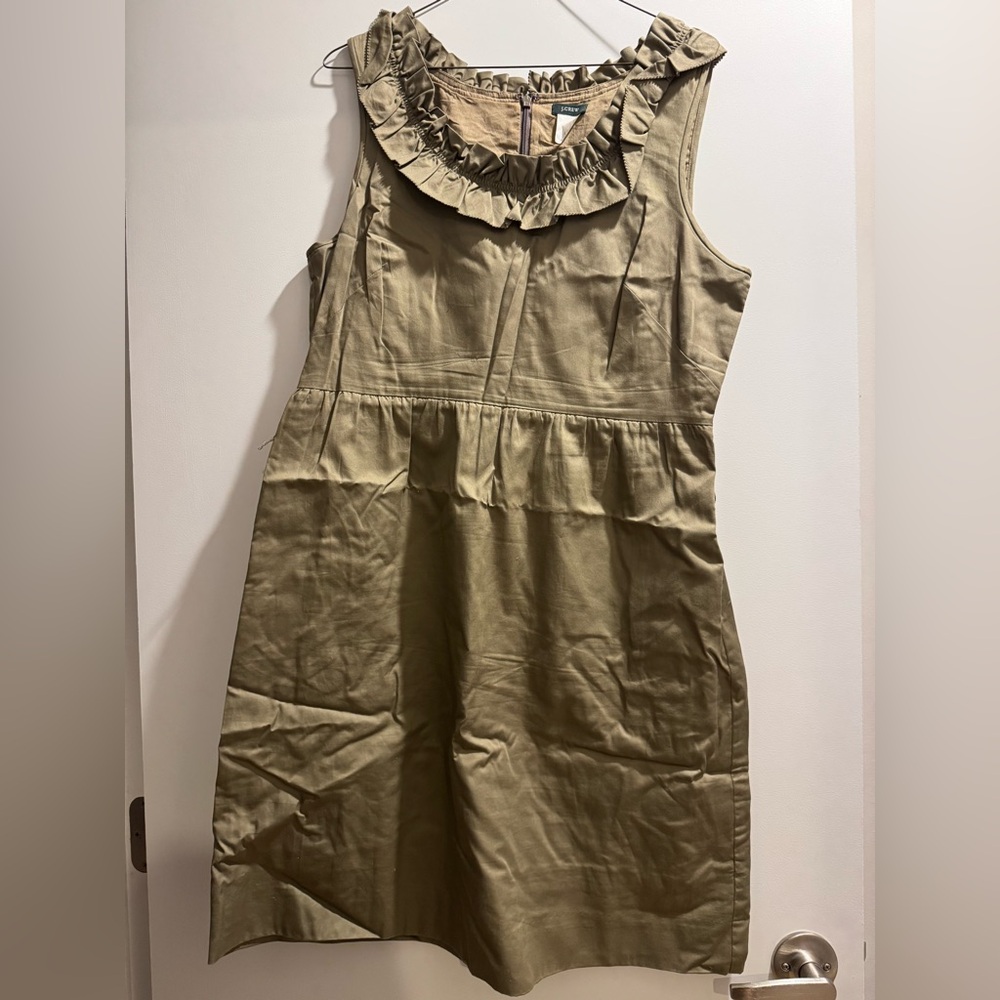 LIKE NEW! J. Crew Olive Green Ruffle Neck Sleeveless Dress Pockets Sz 12